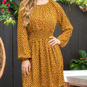 SHIRRING NECKLINE SMOCKED WAIST PRINTED DRESS